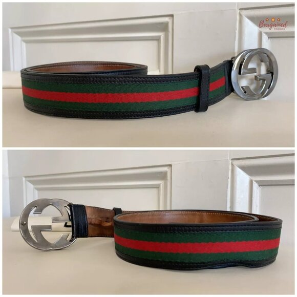 Authentic Gucci Web Canvas Black Leather Silver Interlocking G Buckle Belt 85/34 - Picture 10 of 12